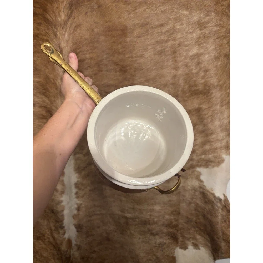 Vintage Taurus Portugal Copper Double Boiler Sauce Pan Pot Brass Handles Lid